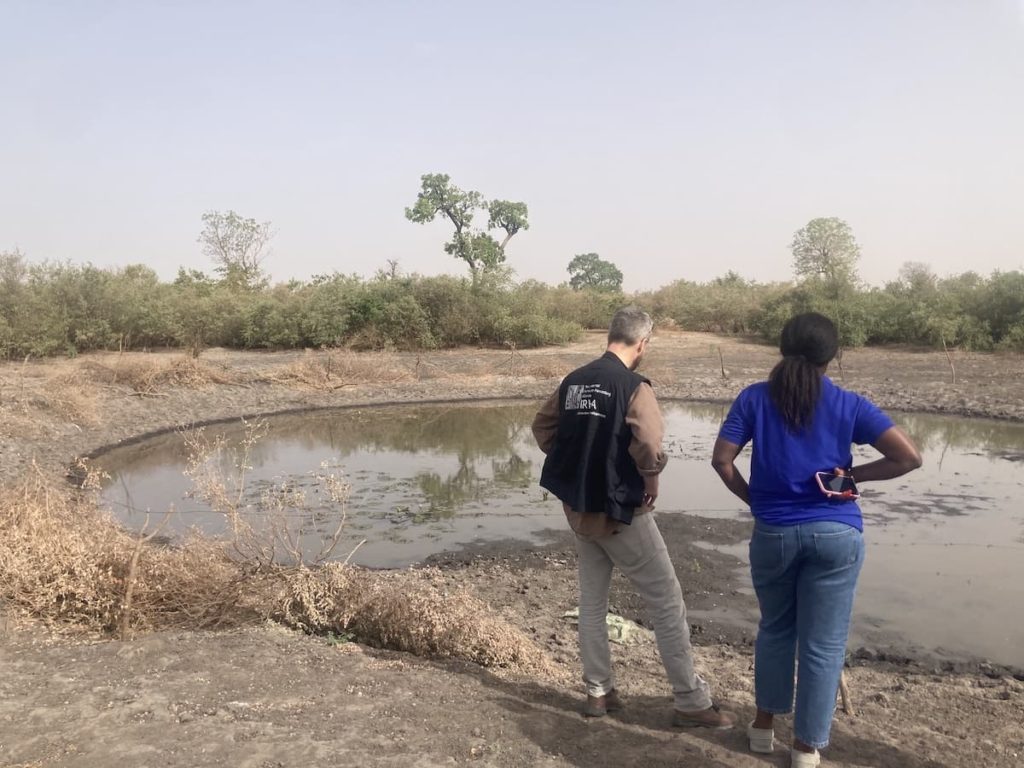 IRHA team and partners inspecting a water retention pond during a field visit in Senegal